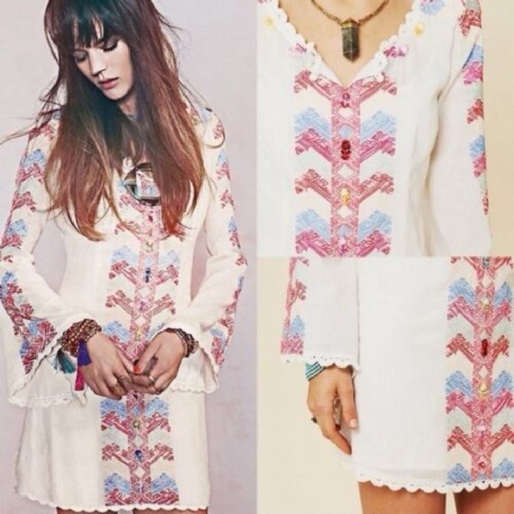 Free People Misty Meadow Bohemian Embroidered Dress Sz 6